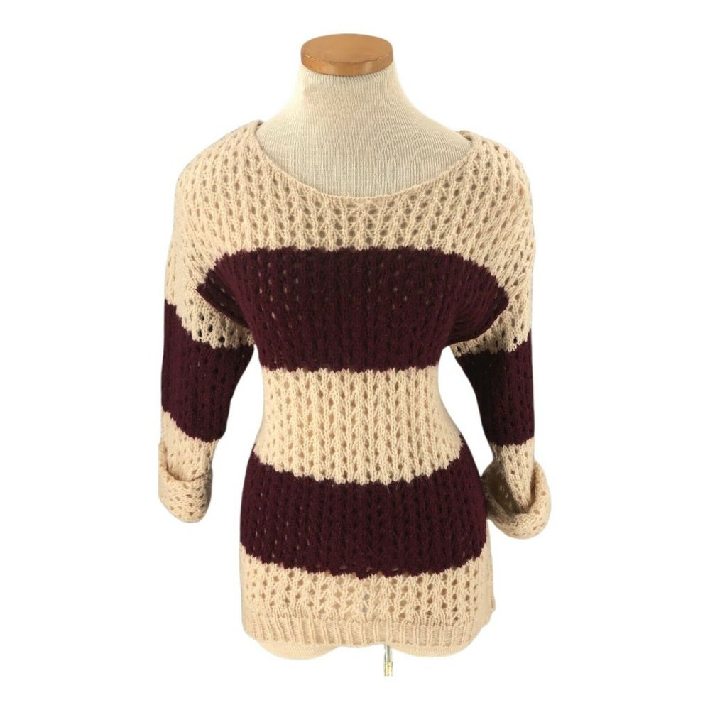 Luxe Women Sweater Small Burgundy Cream Pullover Chunky Knit Rolled Cuff 3/4 Slv